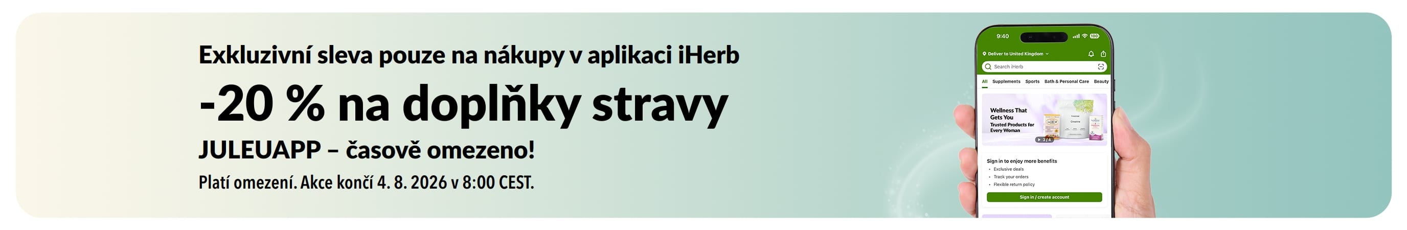Banner propagující časově omezenou 20% slevu na nákup doplňků stravy v aplikaci iHerb s kódem JULEUAPP.