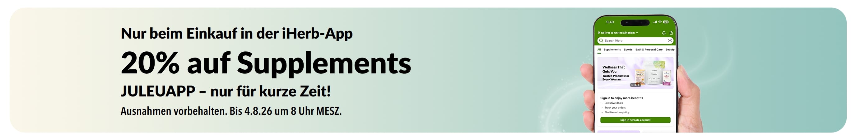 iHerb App-Werbebanner mit 20 % Rabatt auf Nahrungsergänzungsmittel mit Code JULEUAPP