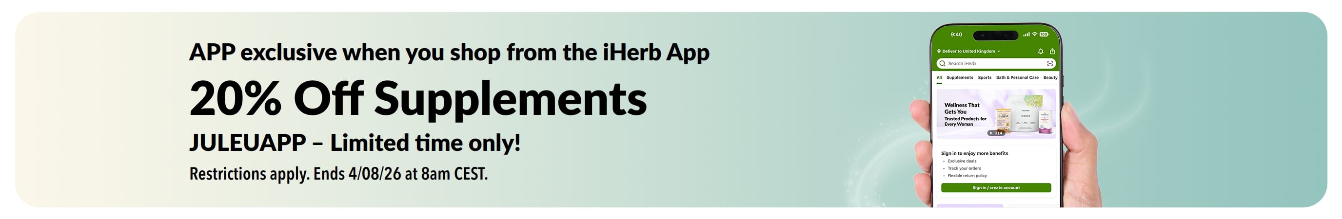 iHerb app promo banner offering 20% off supplements with code JULEUAPP, limited time.