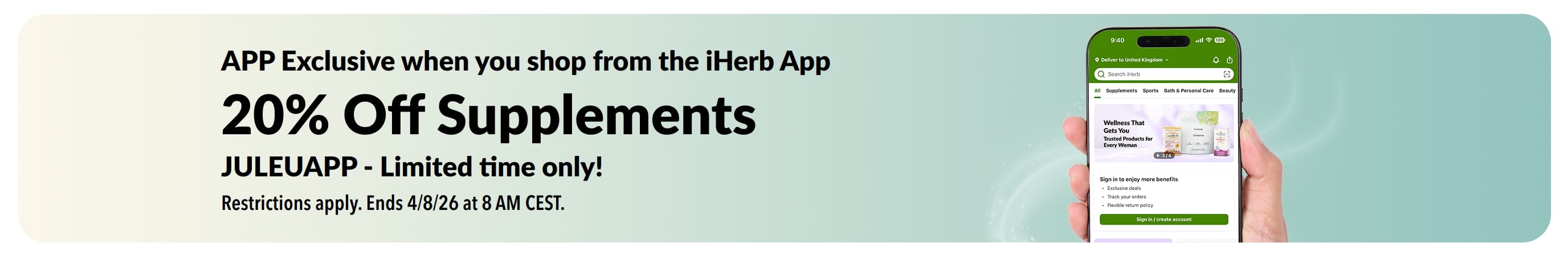 iHerb app promo banner offering 20% off supplements with code JULEUAPP, limited time.