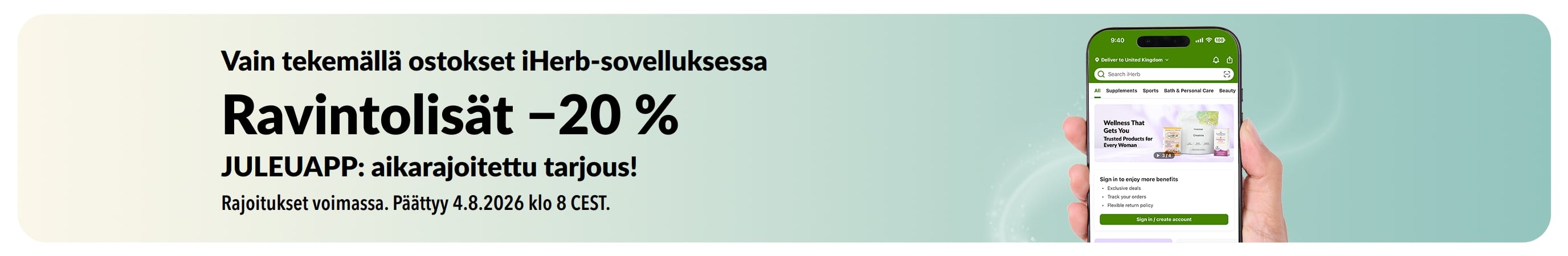 iHerb-sovelluksen tarjousbanneri, joka tarjoaa −20 % ravintolisistä koodilla JULEUAPP, rajoitetun ajan.