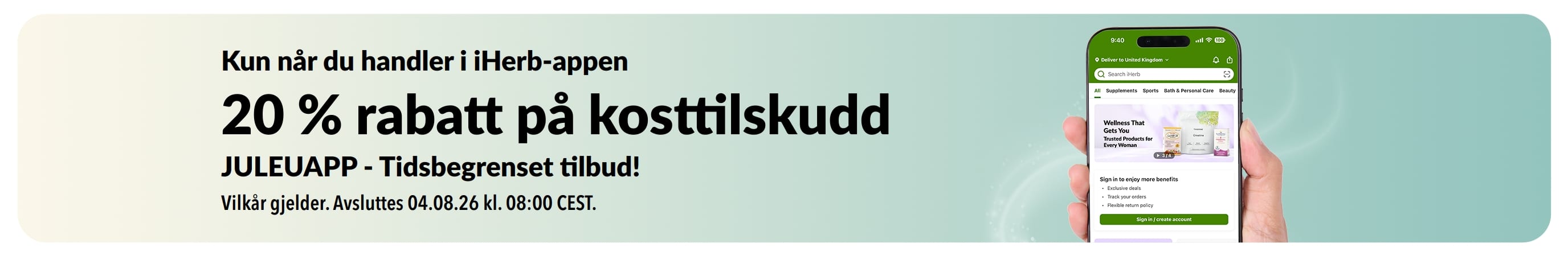 Kampanjebanner for iHerb-appen: 20 % rabatt på kosttilskudd med koden JULEUAPP, i en begrenset periode.