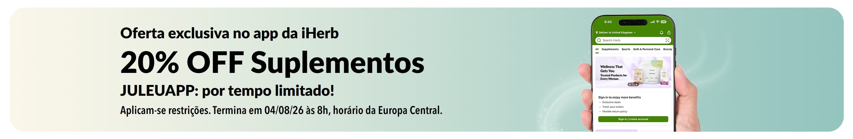 Banner promocional do app da iHerb com 20% OFF em suplementos usando o código JULEUAPP, por tempo limitado.