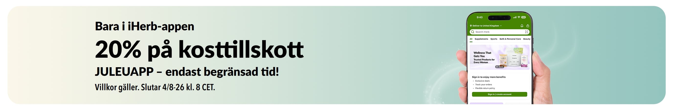 Kampanjbanner för iHerb-appen som erbjuder 20% på kosttillskott med koden JULEUAPP, under begränsad tid