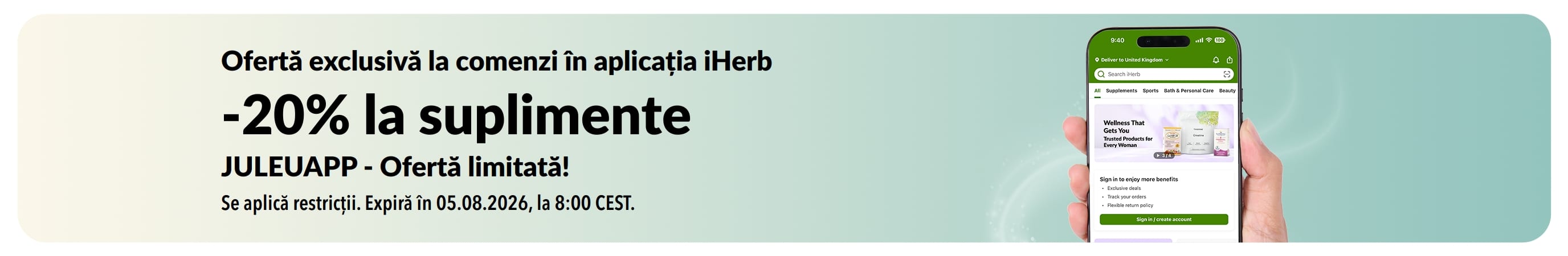 Banner promoțional cu aplicația iHerb, cu 20% reducere la suplimente cu codul JULEUAPP, pentru o perioadă limitată.