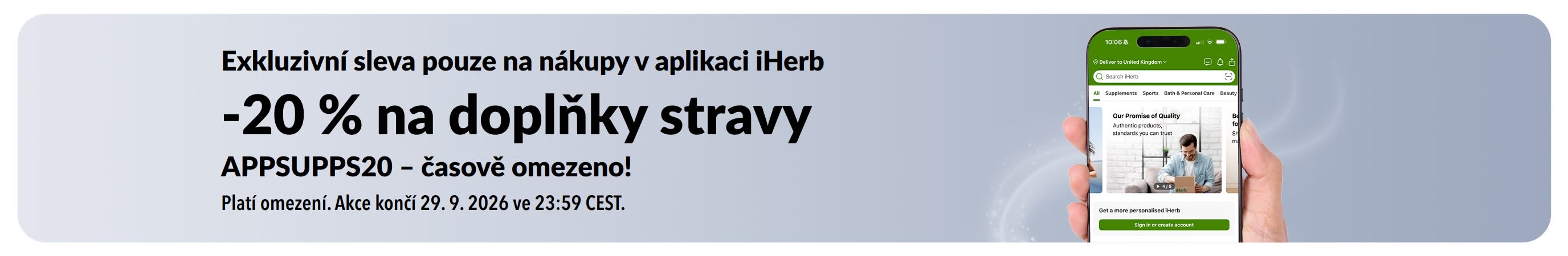 Banner propagující časově omezenou 20% slevu na nákup doplňků stravy v aplikaci iHerb s kódem APPSUPPS20.