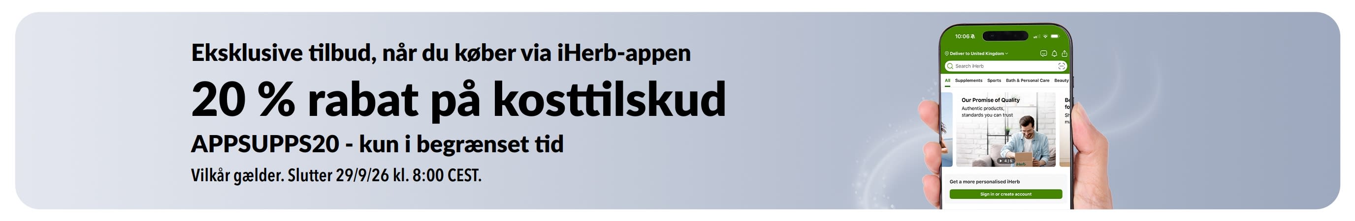 iHerb-app-kampagnebanner med 20 % rabat på kosttilskud med koden APPSUPPS20, i begrænset tid.