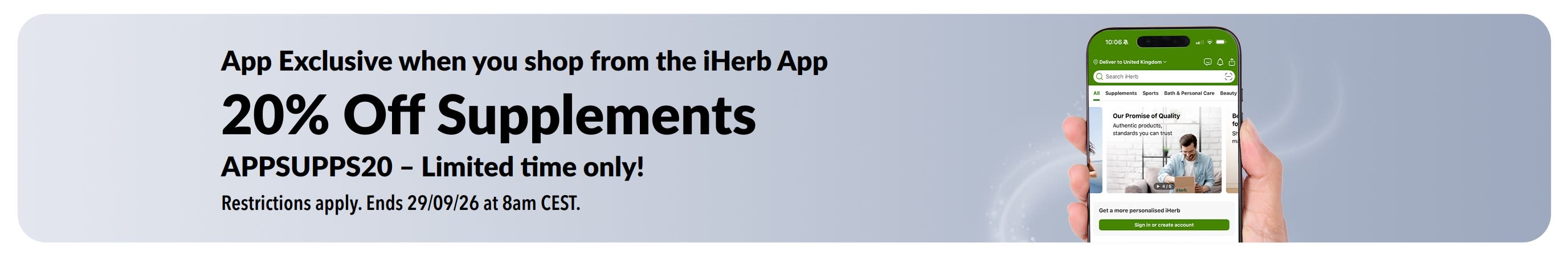iHerb app promo banner offering 20% off supplements with code APPSUPPS20, limited time.