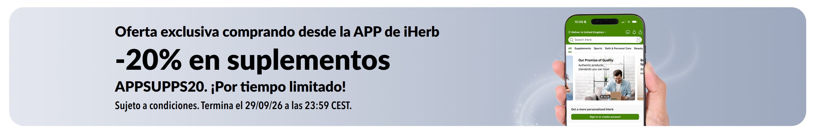 Banner promocional sobre la app de iHerb, ofreciendo un -20% en suplementos con el código APPSUPPS20, por tiempo limitado.