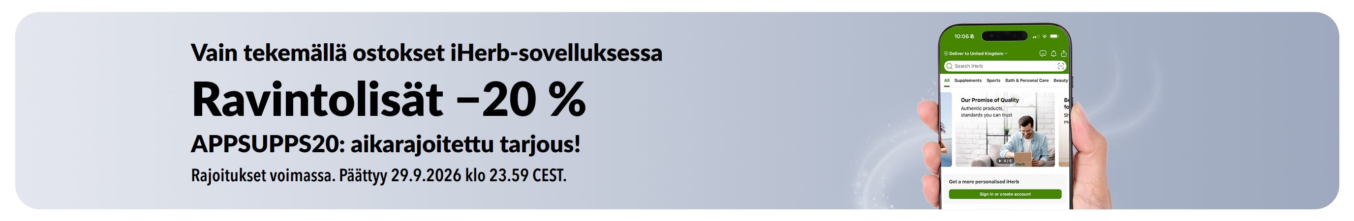 iHerb-sovelluksen tarjousbanneri, joka tarjoaa −20 % ravintolisistä koodilla APPSUPPS20, rajoitetun ajan.