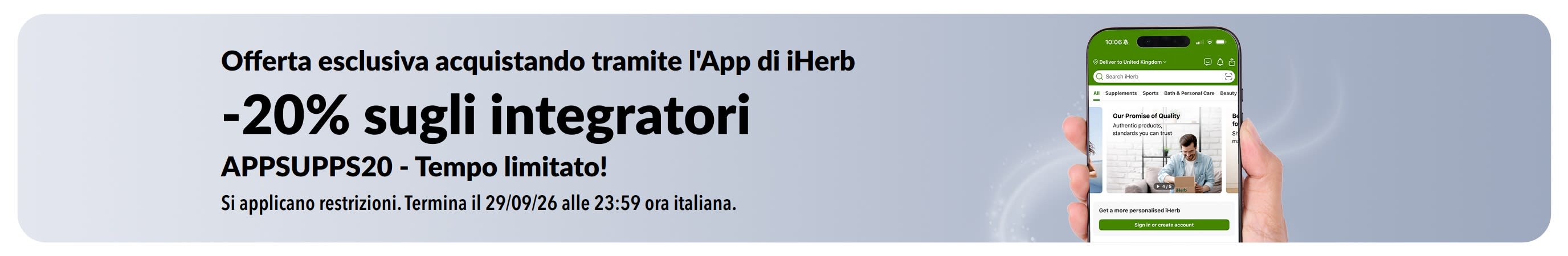 Banner promozionale di iHerb che offre il 20% di sconto sugli integratori utilizzando il codice APPSUPPS20, per un periodo limitato.