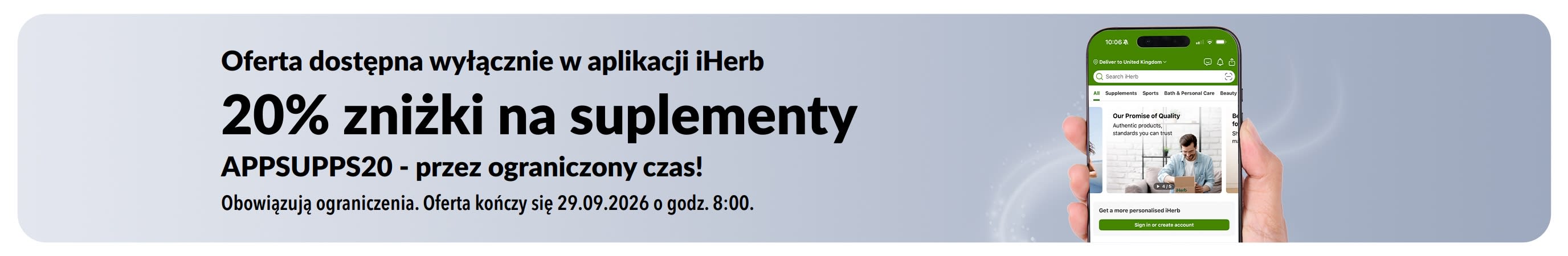 Baner promocyjny aplikacji iHerb oferujący 20% zniżki na suplementy z kodem APPSUPPS20, oferta ograniczona czasowo.