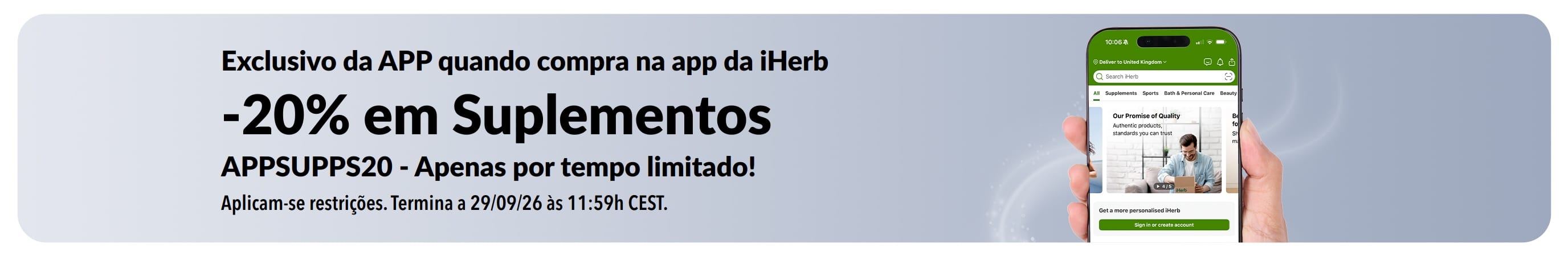 Banner de promoção sobre a app da iHerb a oferecer 20% de desconto em suplementos com o código APPSUPPS20, por tempo limitado.