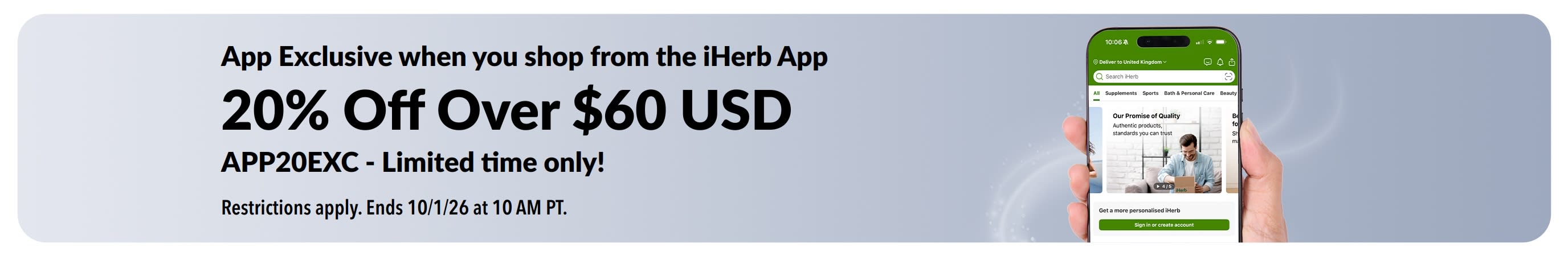 iHerb app promo banner offering 20% off over $60 USD with code APP20EXC, limited time.