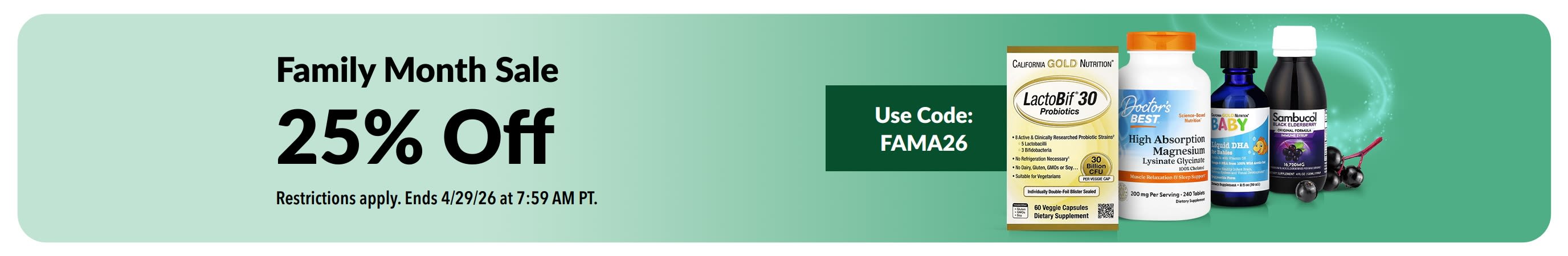 Family Month sale banner: 25% off with code FAMA26, featuring supplements.