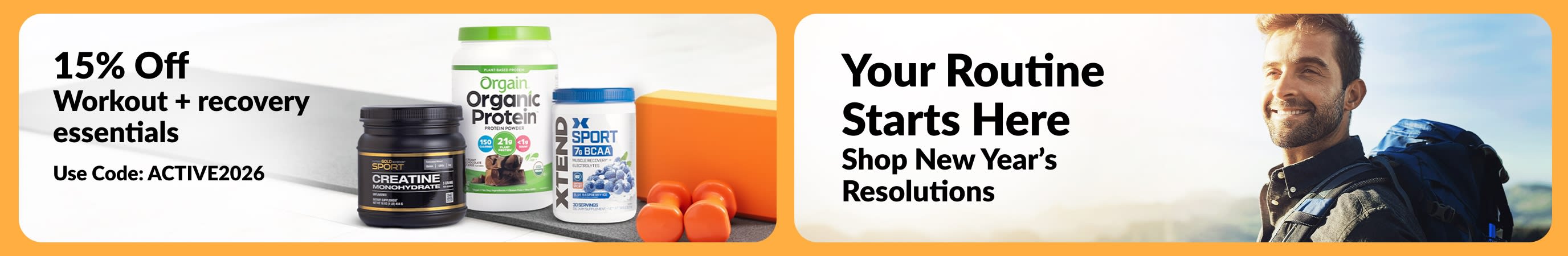 iHerb banner offering 15% off workout and recovery essentials with code ACTIVE2026, featuring protein and supplement products.