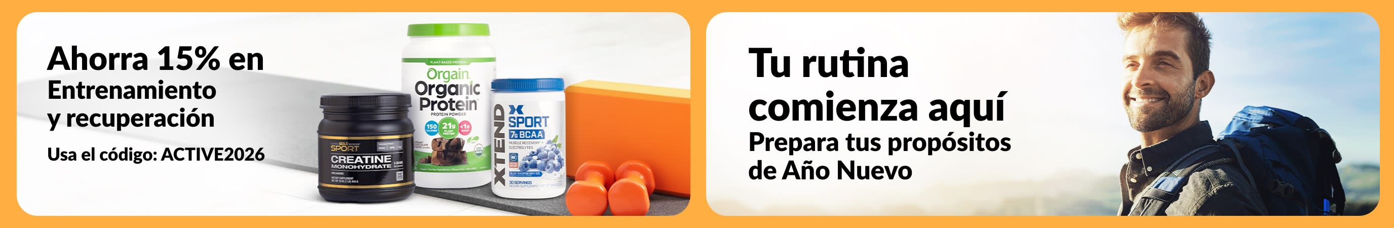 Banner de iHerb con 15% de descuento en esenciales para entrenamiento y recuperación con el código ACTIVE2026, destacando proteínas y suplementos.