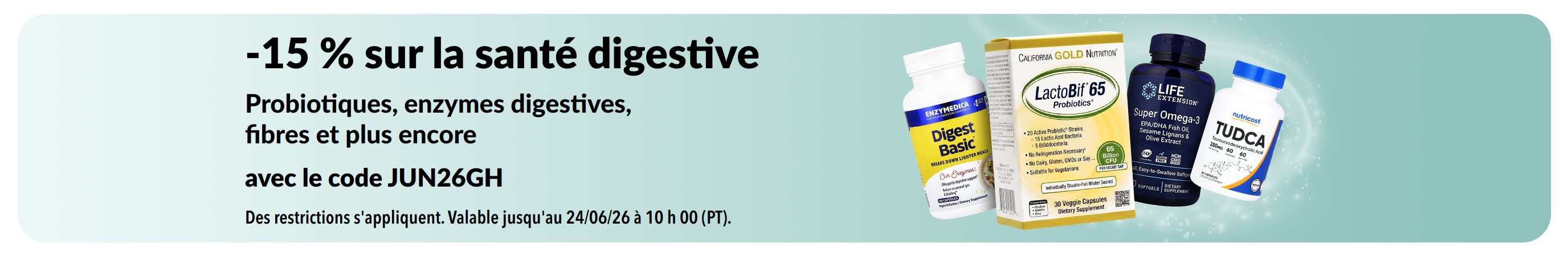 Bannière promotionnelle avec 15 % de réduction sur les produits pour la santé digestive.