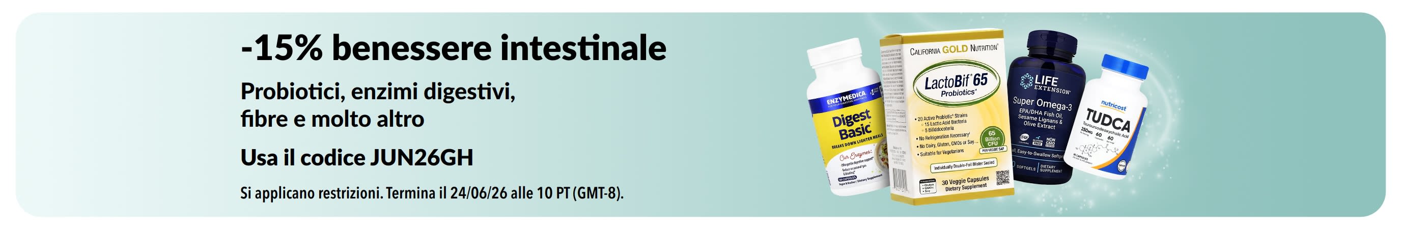 Banner promozionale che offre il 15% di sconto sui prodotti per il benessere intestinale, con integratori.