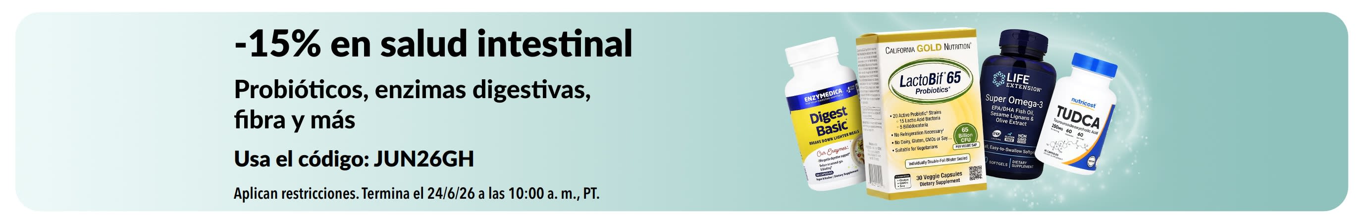 Banner de 15% de descuento en productos para la salud intestinal promocionando suplementos.