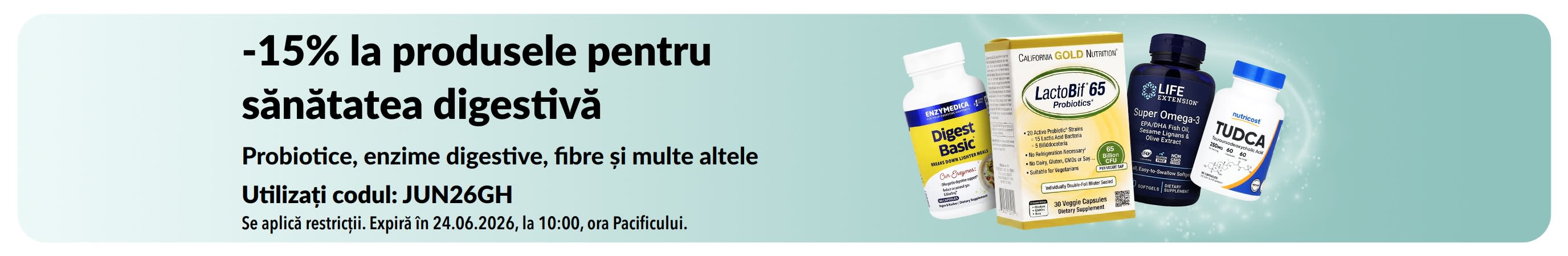 Banner promoțional cu 15% reducere la produsele pentru sănătatea digestivă, cu suplimente alimentare în prim-plan.