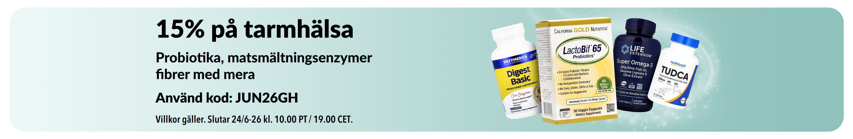 Marknadsföringsbanner som erbjuder 15% på produkter för tarmhälsa, med kosttillskott.