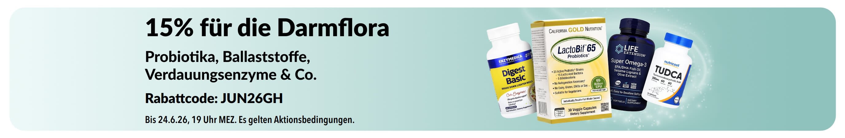 Werbe-Banner mit 15% Rabatt auf Produkte für die Darmflora wie Nahrungsergänzungsmittel.