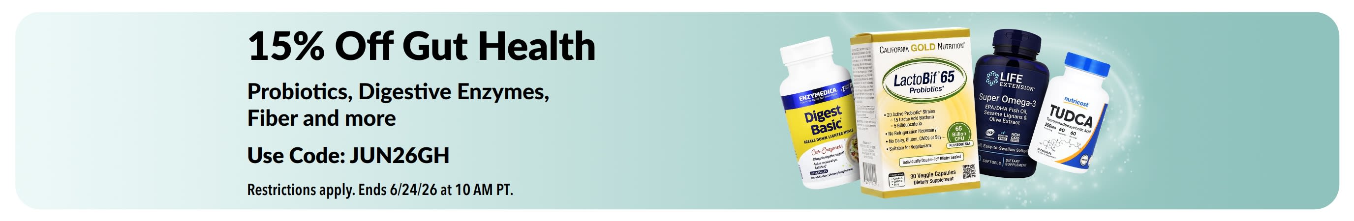 Promotional banner offering 15% off gut health products, featuring supplements.