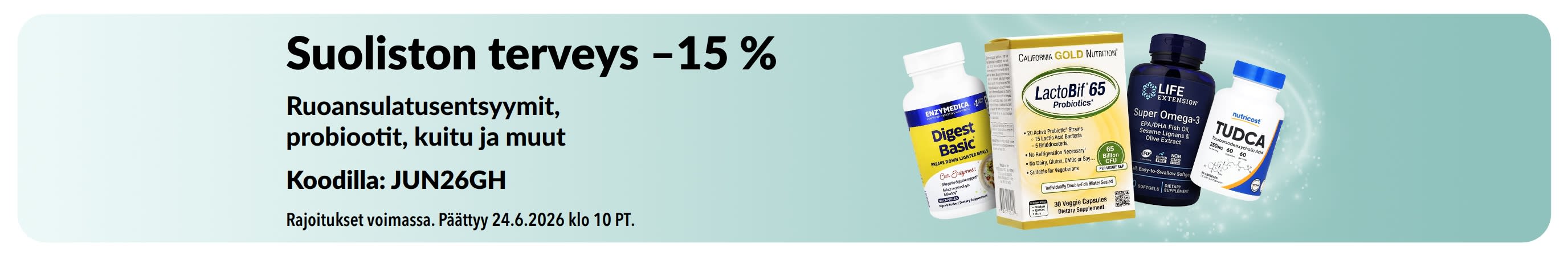 Mainosbanneri, joka tarjoaa –15 % suoliston terveyttä tukevista tuotteista. Kuvassa lisäravinteita.