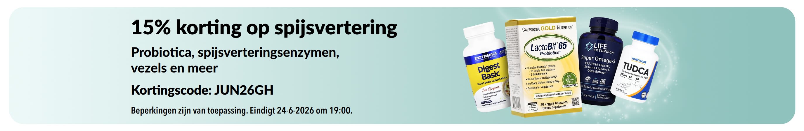 Promotiebanner met 15% korting op producten voor een gezonde darmflora, waaronder supplementen.