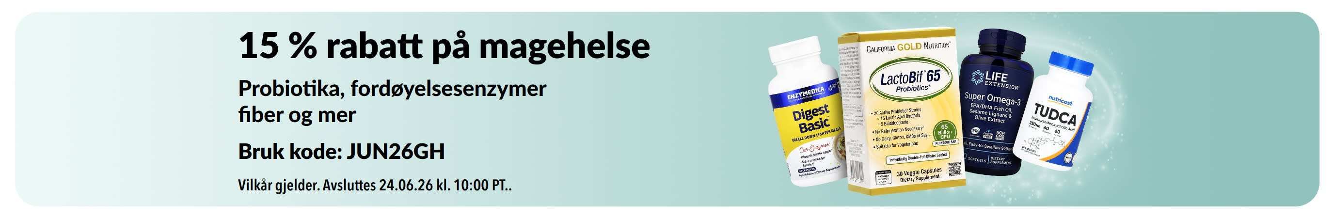 Kampanjebanner som tilbyr 15 % rabatt på produkter for magehelse, med fokus på kosttilskudd.