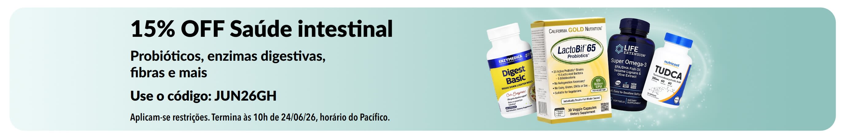Banner promocional com 15% OFF em produtos para saúde intestinal, apresentando suplementos.