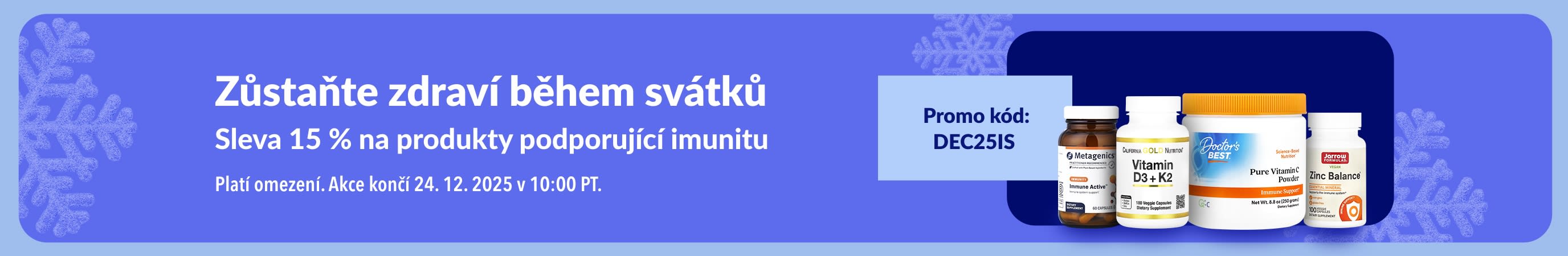 iHerb banner s 15% slevou na doplňky stravy na podporu imunity s kódem DEC25IS.