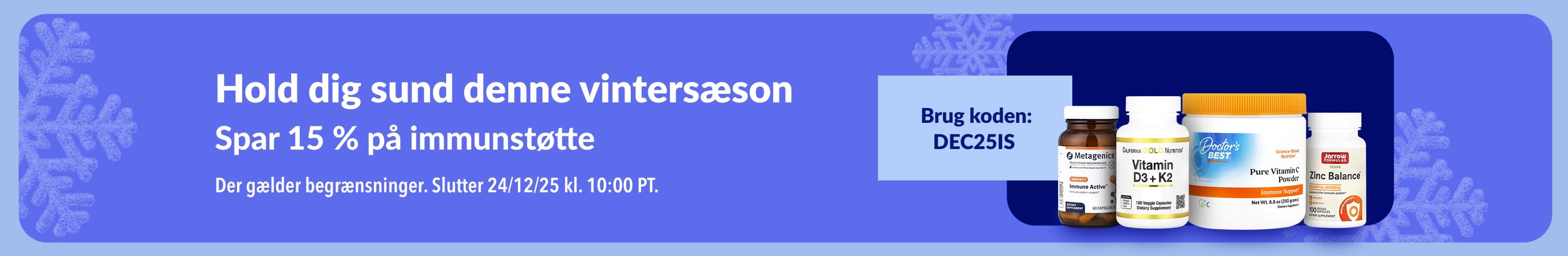 iHerb-julebanner med 15 % rabat p kosttilskud til immunforsvaret med koden DEC25IS.