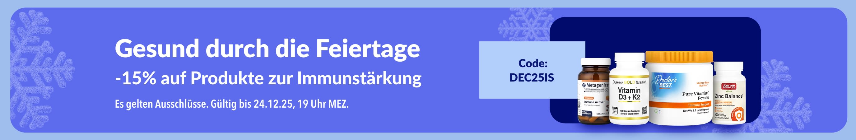 iHerb-Weihnachtsbanner mit 15% Rabatt auf Nahrungsergänzungsmittel zur Stärkung des Immunsystems mit Code DEC25IS