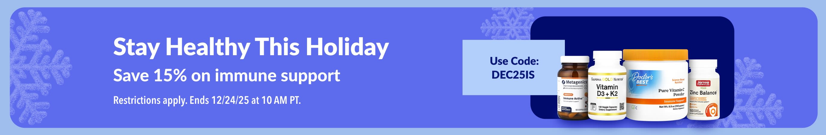 iHerb holiday banner promoting 15% off immune support supplements with code DEC25IS.