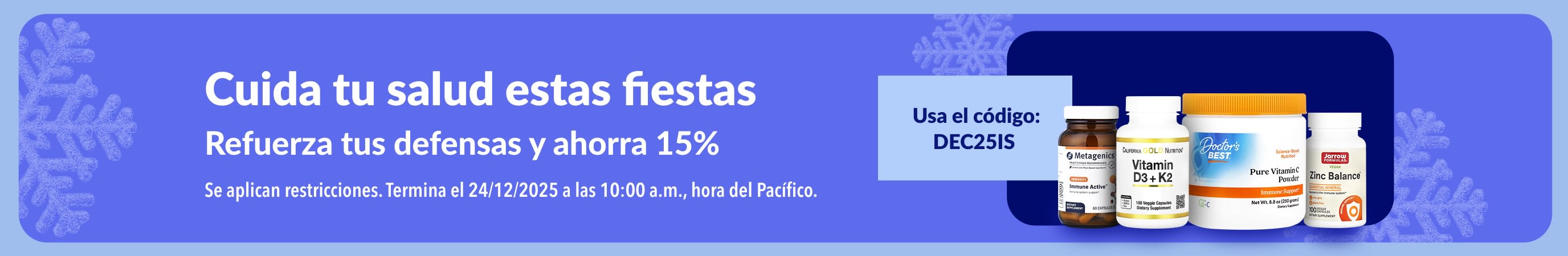 Banner de iHerb: Cuida tu salud estas fiestas con un 15% de descuento en refuerzos inmunitarios con el código DEC25IS.