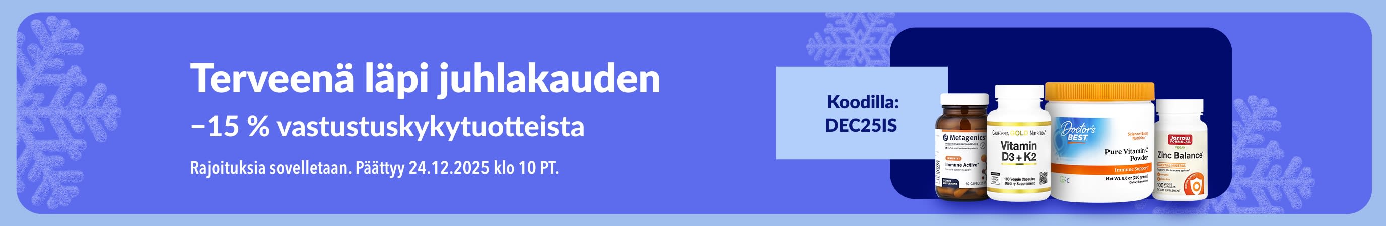 iHerbin juhlakauden banneri, joka mainostaa 15 %:n alennusta vastustuskykyä tukevista lisäravinteista koodilla DEC25IS.