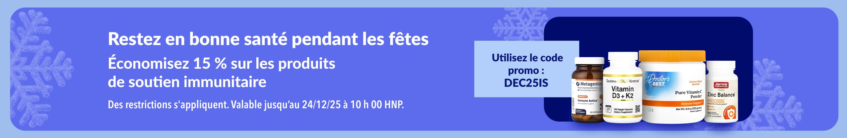Bannière promotionnelle iHerb pour les fêtes offrant 15 % de réduction sur les compléments alimentaires pour renforcer le système immunitaire avec le code DEC25IS.