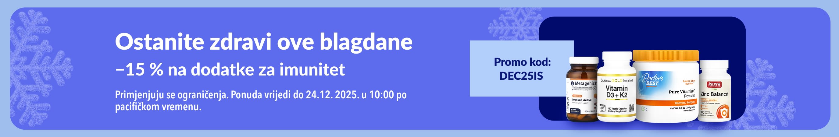 iHerb reklamni natpis za blagdane s 15 % popusta na dodatke prehrani za jačanje imuniteta uz kod DEC25IS.