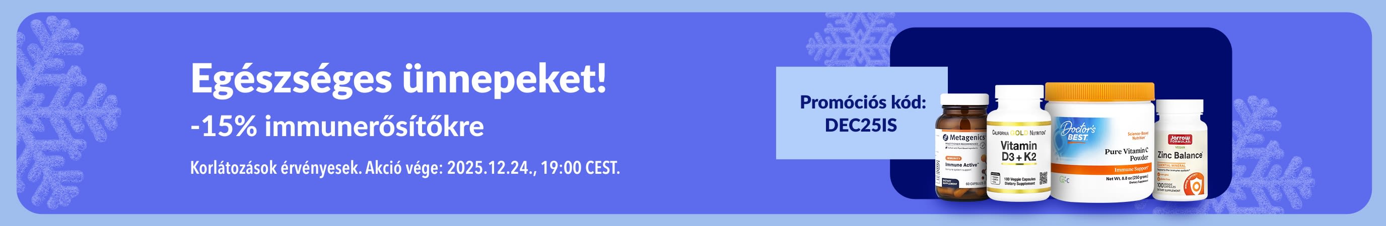 15% kedvezményt kínáló iHerb ünnepi banner 15% immunerősítő étrend-kiegészítőkre a DEC25IS kóddal.