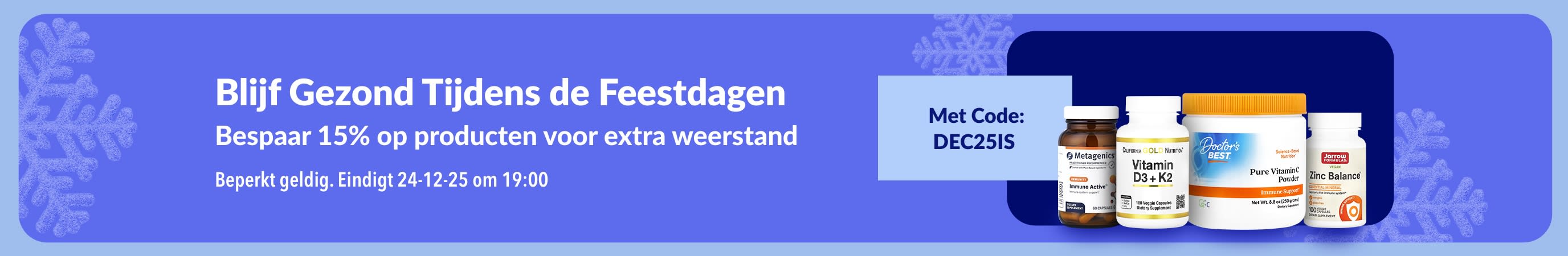 iHerb-feestbanner met 15% korting op supplementen ter ondersteuning van de weerstand met code DEC25IS.