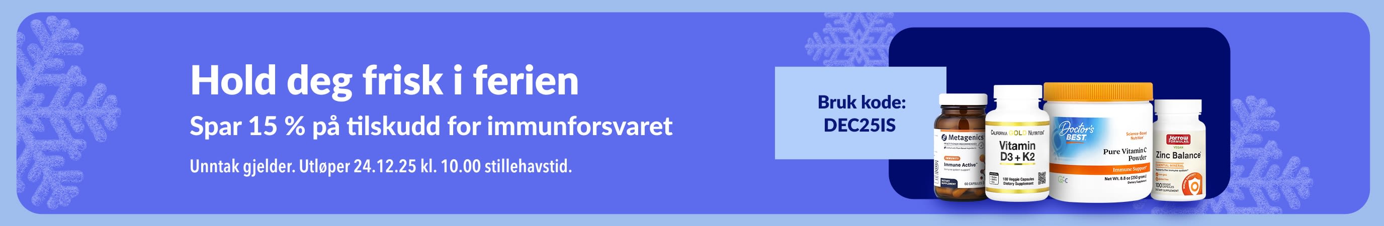 iHerb-julebanner som promoterer 15 % rabatt på kosttilskudd som styrker immunforsvaret med koden DEC25IS.