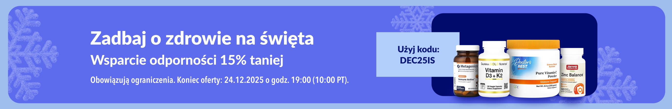 Świąteczny baner iHerb promujący 15% zniżki na suplementy wspierające odporność z kodem DEC25IS.