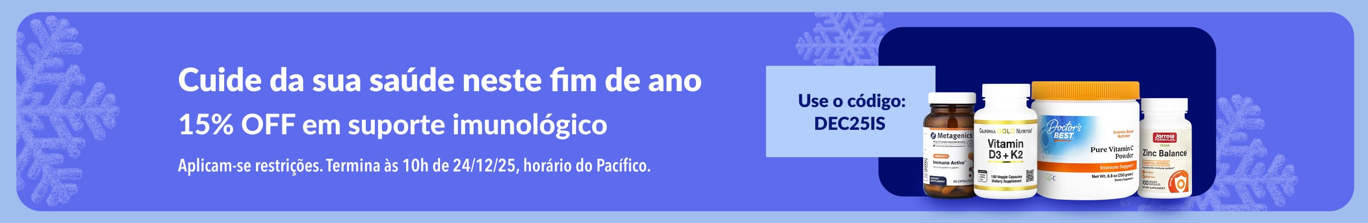 Banner de fim de ano da iHerb promovendo 15% OFF em suplementos para suporte imunológico com o código DEC25IS.