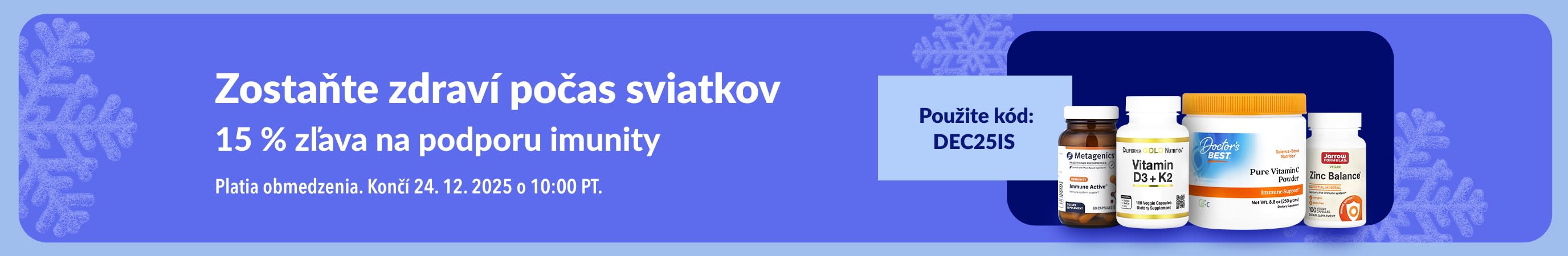 Vianočný banner iHerb propagujúci 15 % zľavu na produkty na podporu imunity s kódom DEC25IS.