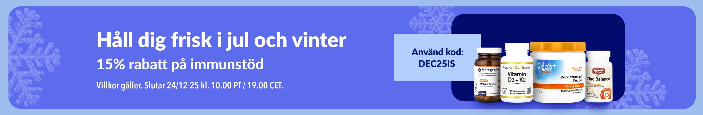 iHerb-julbanner som marknadsför 15% rabatt på kosttillskott som stärker immunförsvaret med koden DEC25IS.