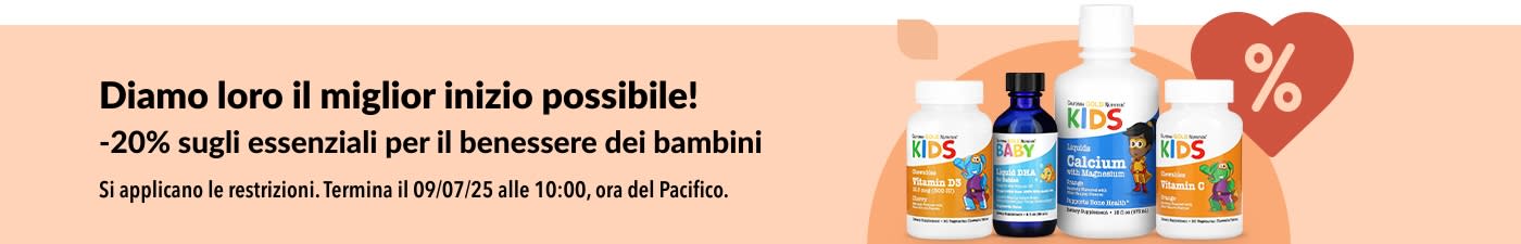 20% di sconto sui prodotti essenziali per il benessere dei bambini su iHerb, tra cui vitamine liquide, DHA, calcio e formule immunitarie.