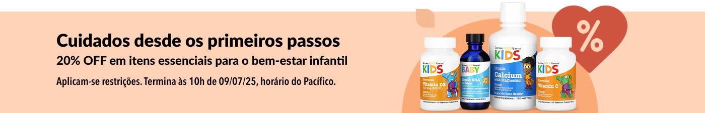 20% OFF em produtos essenciais para o bem-estar das crianças, incluindo vitaminas líquidas, DHA, cálcio e misturas imunológicas.
