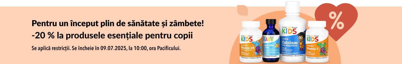 -20% la produsele esențiale pentru copii la iHerb, inclusiv vitamine lichide, DHA, calciu și formule pentru imunitate.